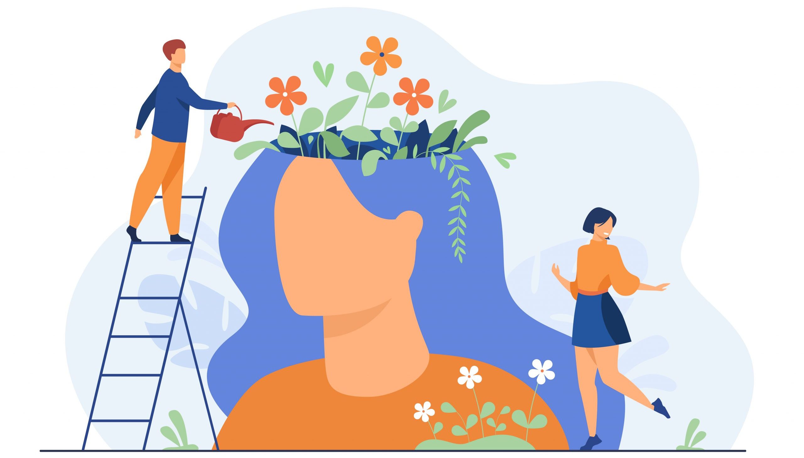 Tiny people and beautiful flower garden inside female head Mental garden