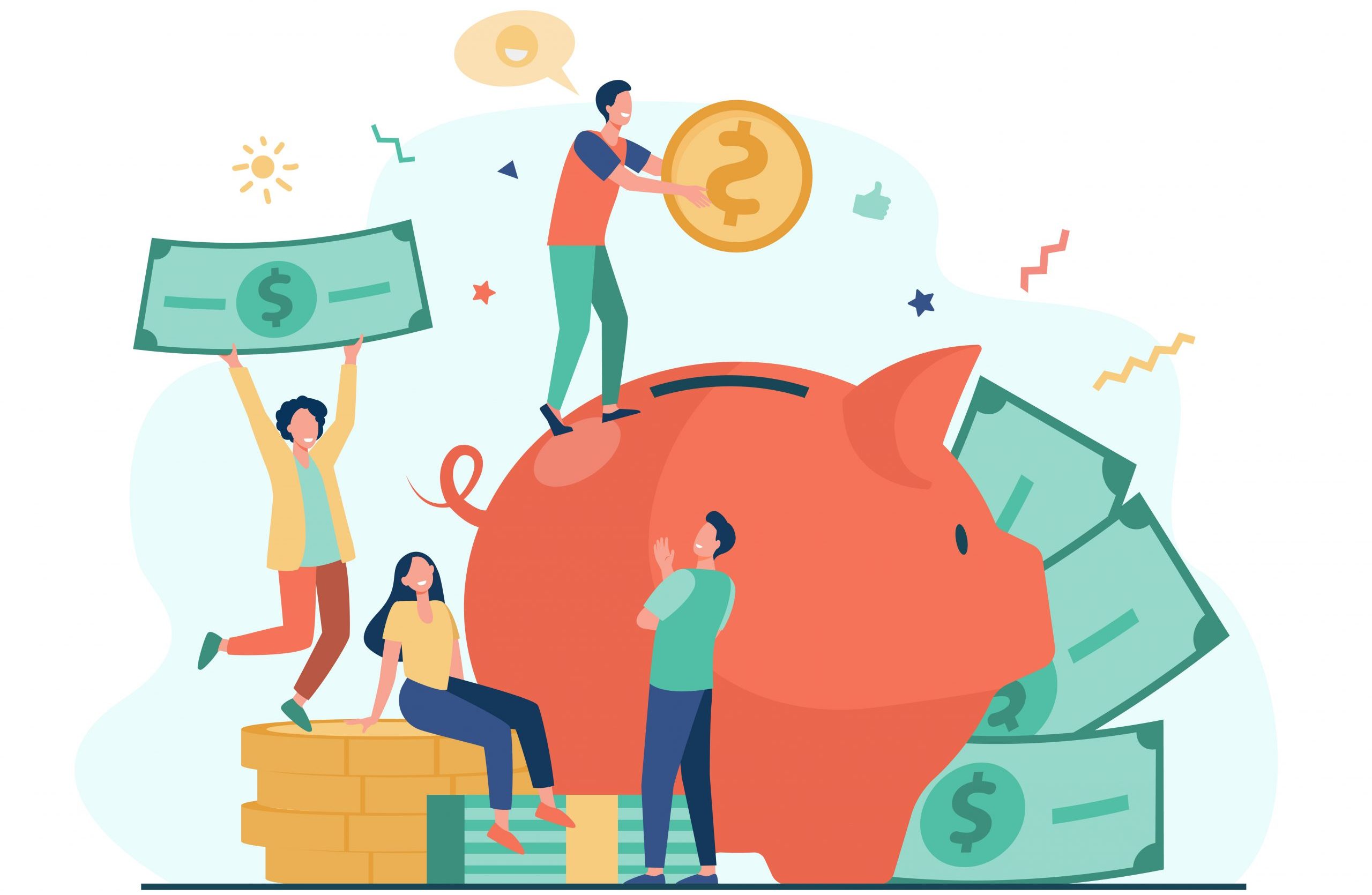 Tiny people saving money in piggy bank Economics -1