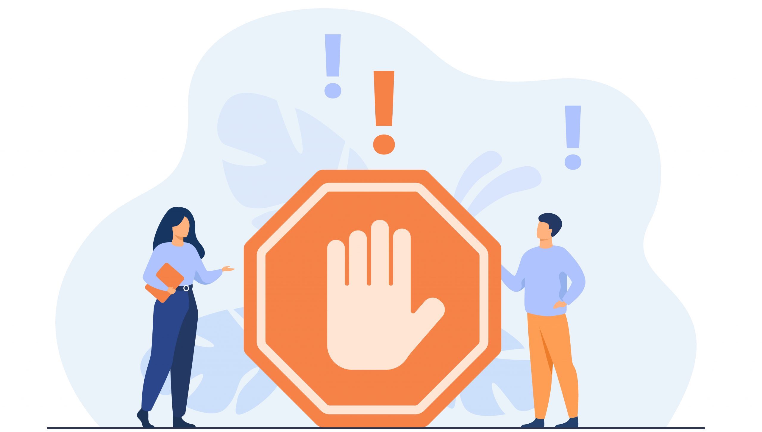 Tiny people standing near prohibited gesture Safety