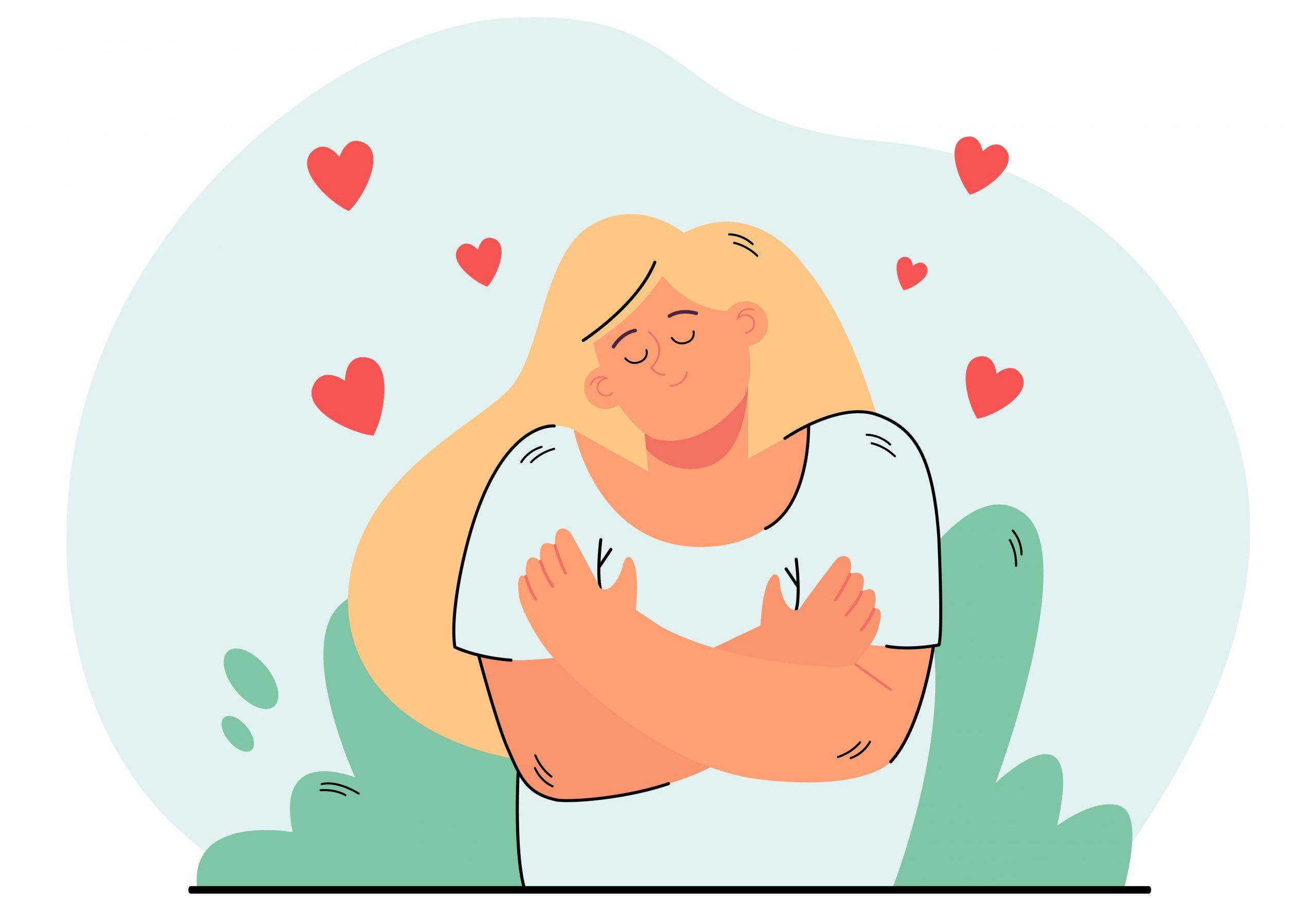 Cute peaceful woman hugging her shoulders self-esteem